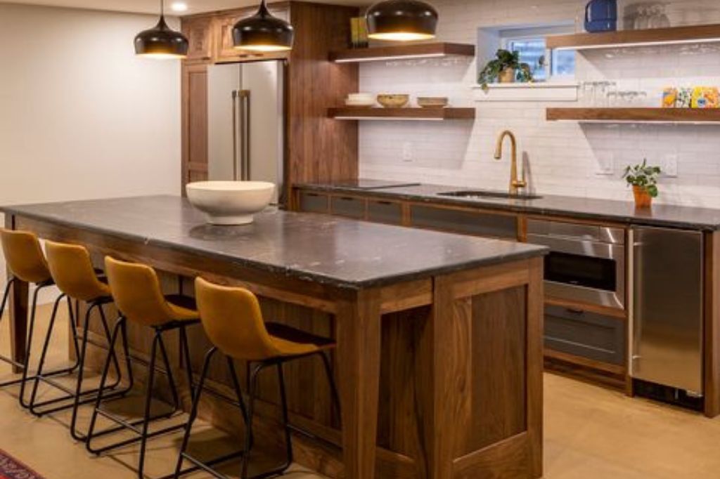 wooden home bar design with kitchen